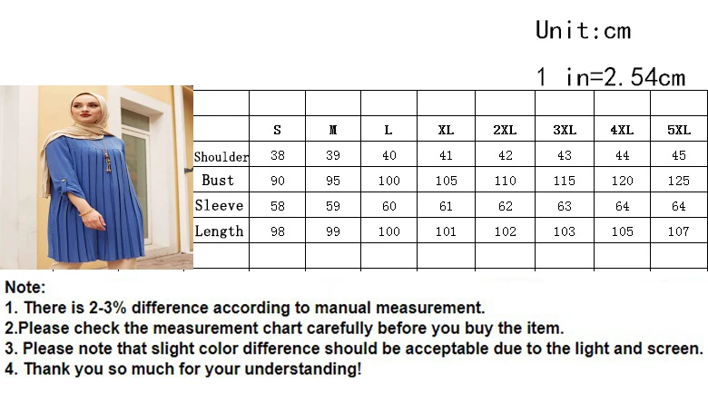 Pleated tunic size chart for S to 5XL showing shoulder, bust, sleeve and garment length measurements in centimeters