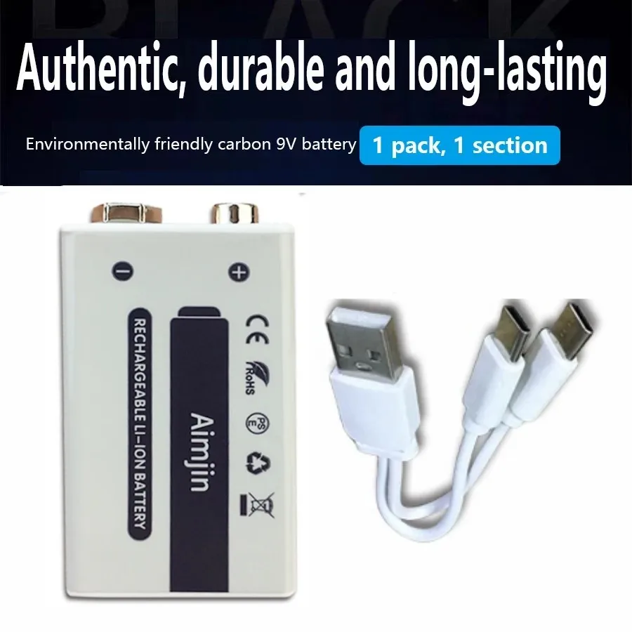 Crown rechargeable 9v6f22 rechargeable battery with a capacity of 1800mAh, Crown battery and micro USB cable.