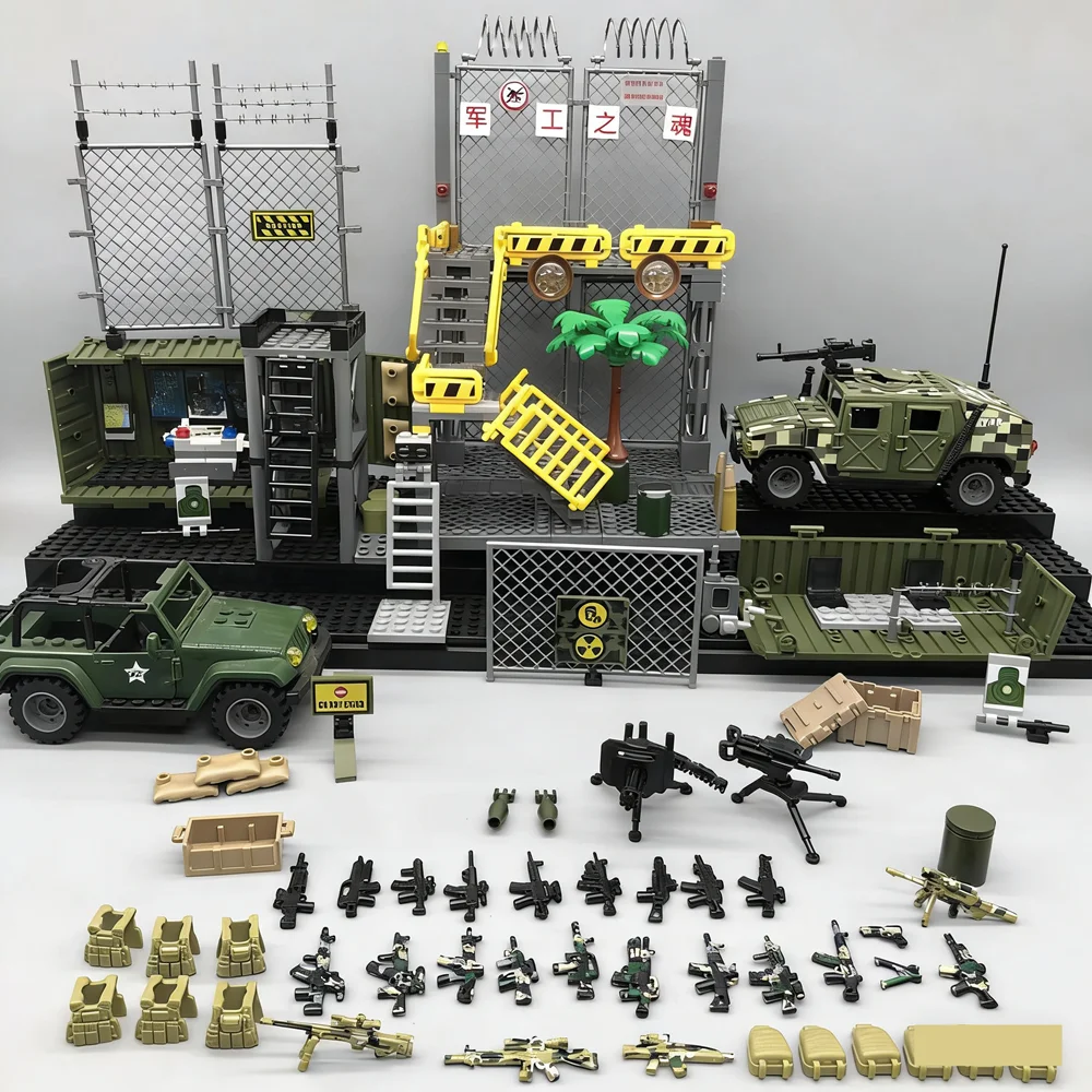 

Army Combat Base Building Blocks Set Military Tactical Camp Scene With Armored Vehicles, Weapons Soldier Accessories Blocks Toy