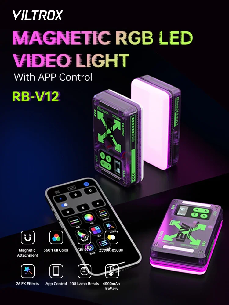 VILTROX RB-V12 Magnetic RGB Video Light 360 Full Color Portable LED Camera Light Panel with APP Control 2500K-8500K CRI 97+