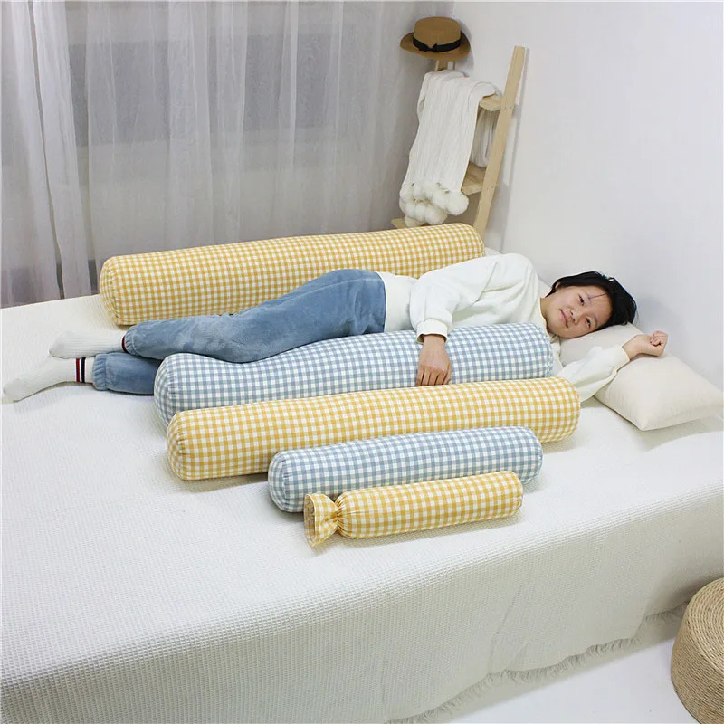 Cotton Cushion Pillow Cylinder Long Plaid Sleeping Pillow Pregnancy Pillow Removable Washable Back Head Cushion Bedroom Decor
