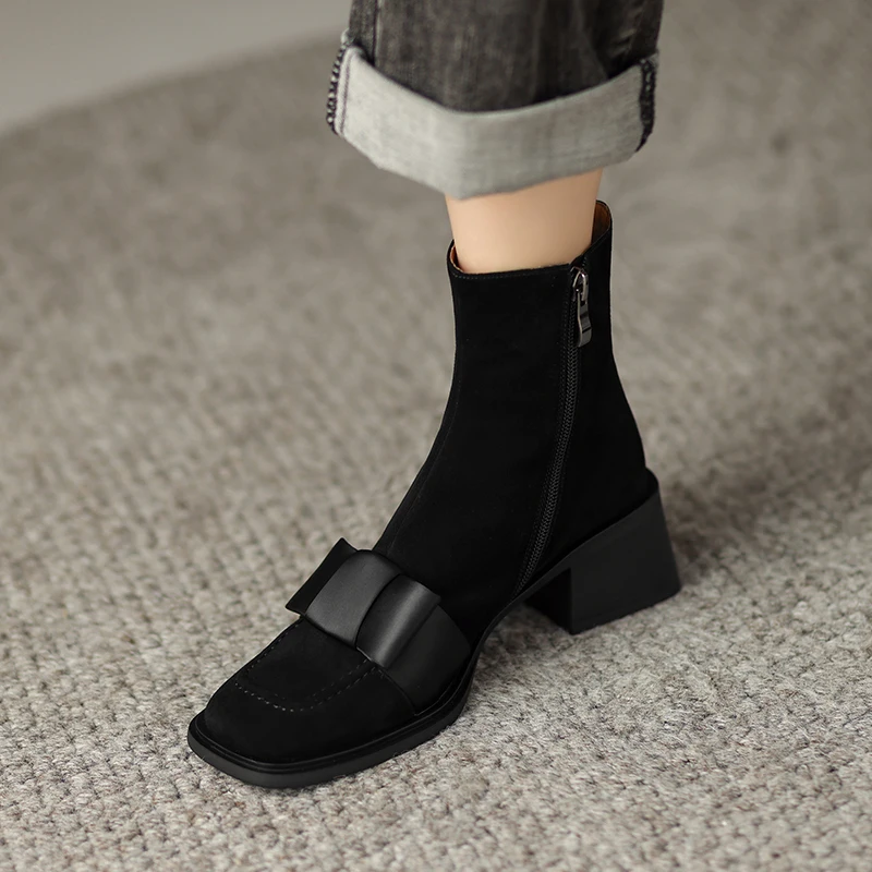 Elegant Ladies Ankle Boots With Side Zippers Round Toe Woman Bowtie Shoes Spring Autumn Short Boots Real Leather Basic Shoes