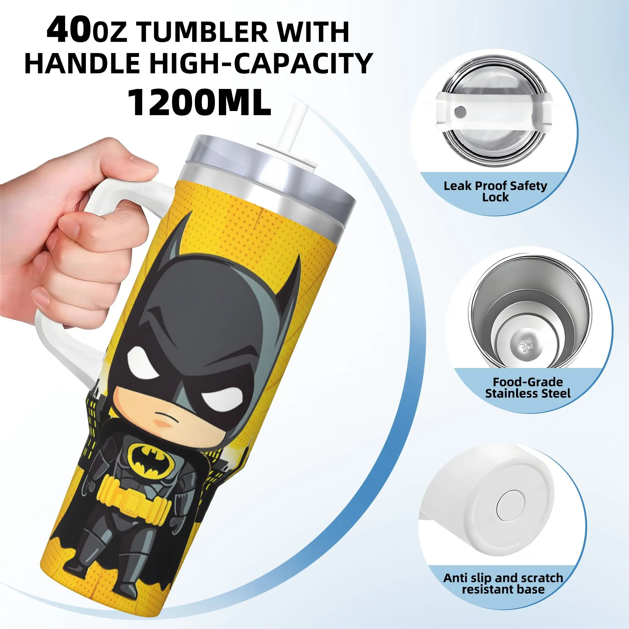 B-Batmans Cartoon Tumbler 3D Print Cold and Hot Water Bottle Leakproof Stainless Steel Thermal Mug Custom Beach Car Mugs view 3