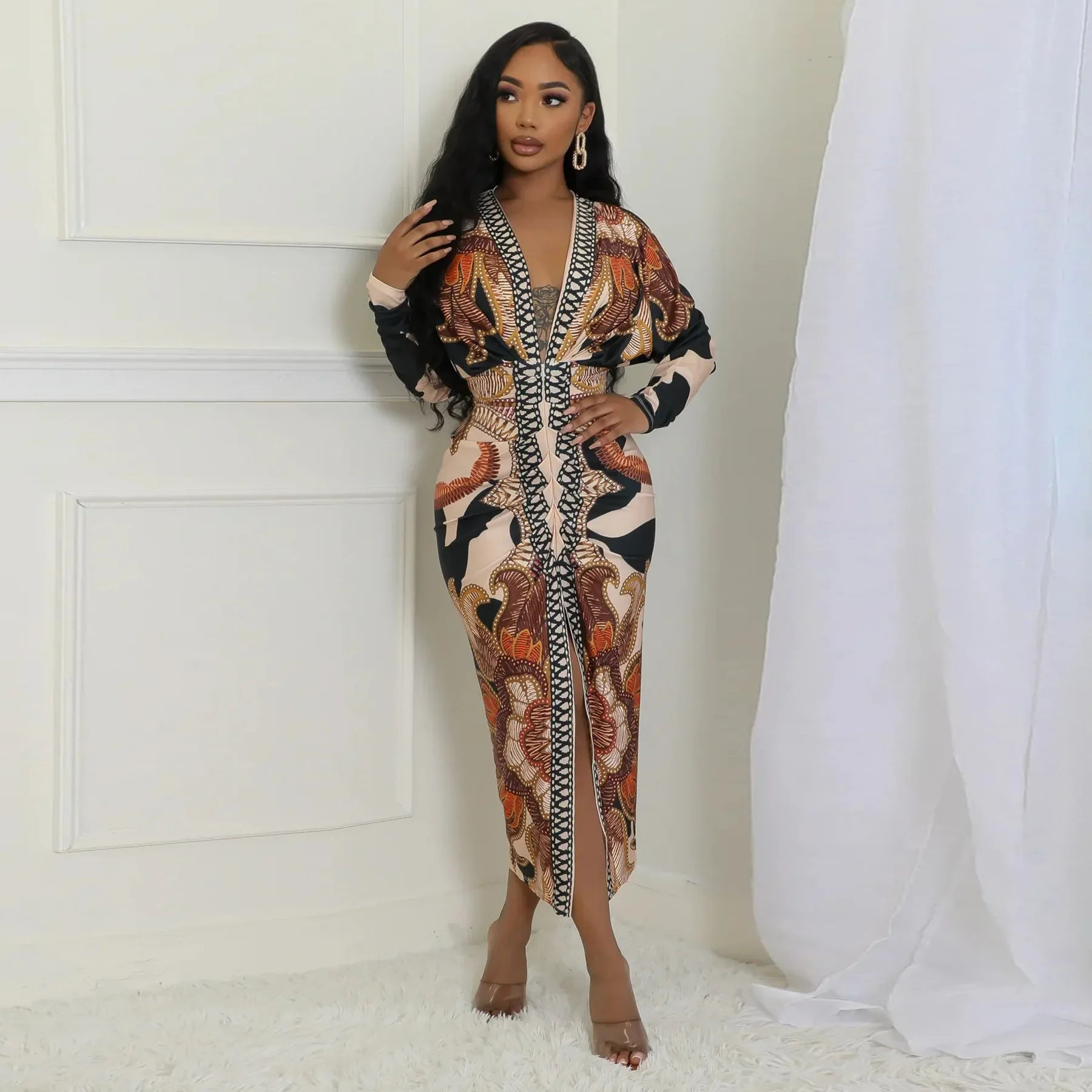 Elegant V-neck Ruched Stacked Midi Dress Women Full Sleeve Side Slit Print Bodycon Night Club Party Bandage Dresses Vestidos