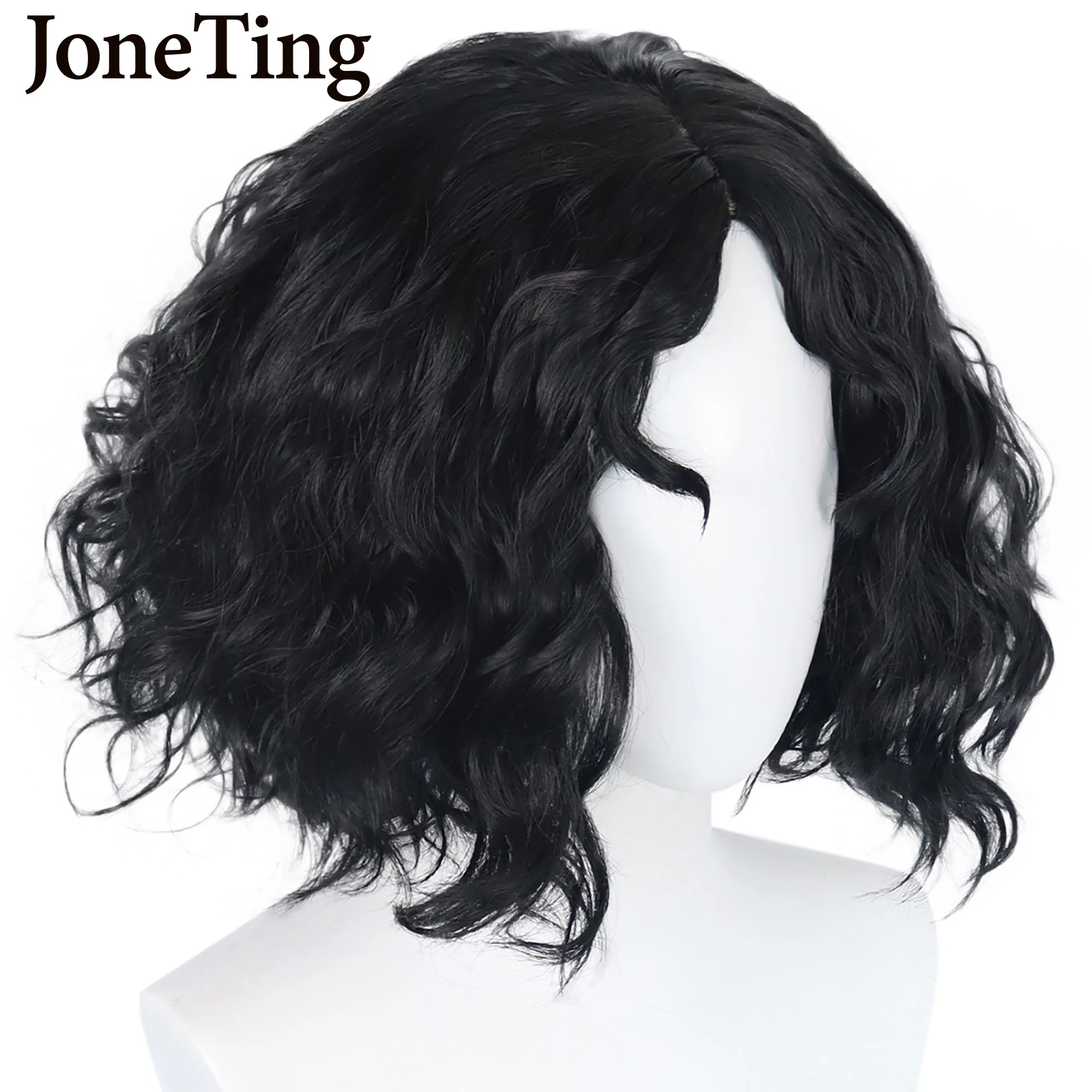 JT Synthetic Men\'s Short Wavy Wigs with Bangs Heat Resistant Fiber Black Curly Cosplay Wig for Women Full Machine Made