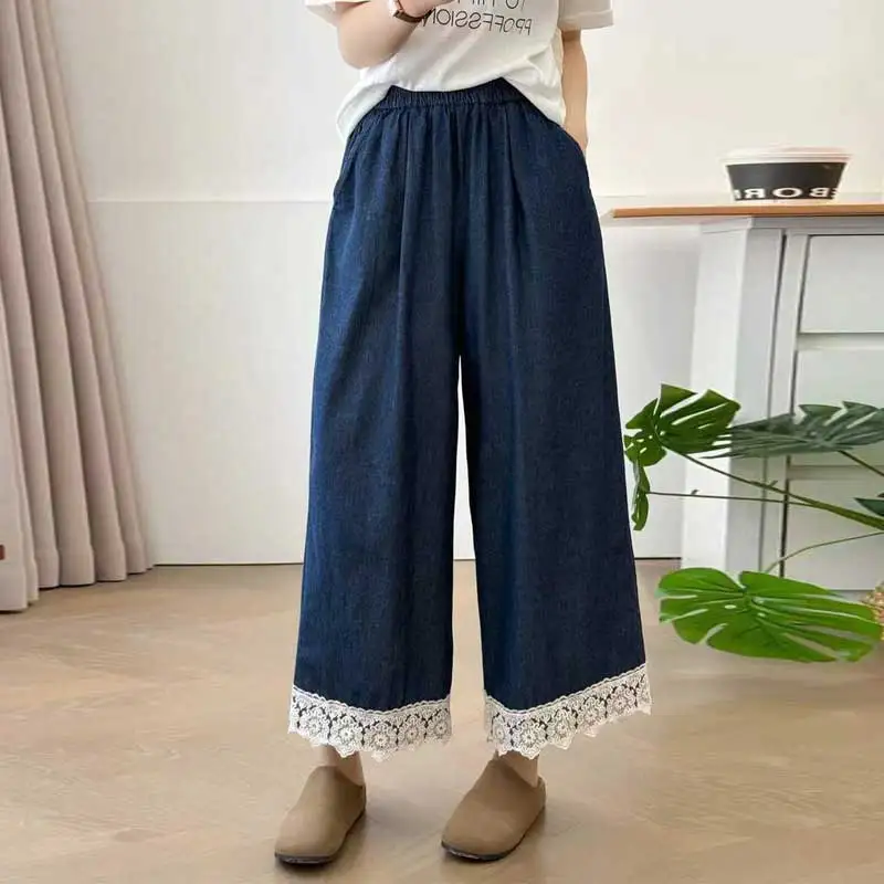

Japanese Vintage Mori Girl Lace Patchwork Hem Wide Leg Pants Women Spring Summer Elastic Waist Casual Loose Straight Pants
