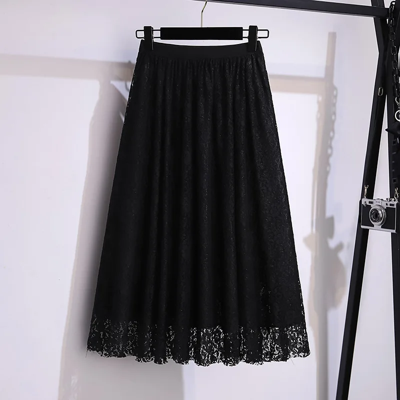 New Ladies 2023 Summer Plus Size Long Skirt For Women Large Loose Casual Black White Lace Pleated Skirt 4XL 5XL 6XL 7XL 8XL