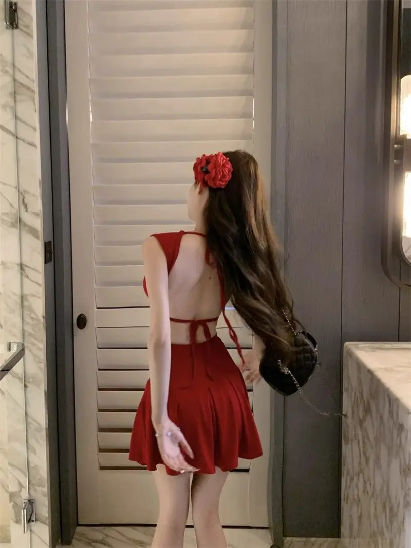 Robes sans manches pour femmes, bleu, printemps, Satin, encolure carrée, brodé, plissé, couches, Style français, pique-nique, doux, Unique, fluide