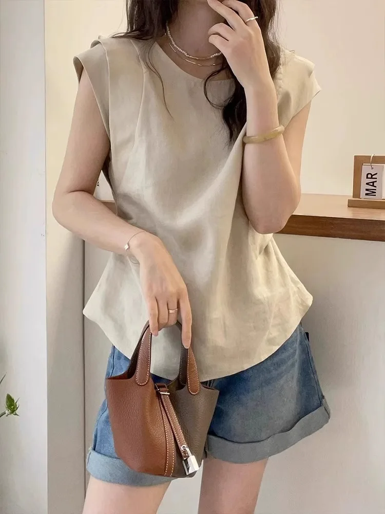 

plus Size Women's Shirt Summer New round Neck Loose Fashionable Belly Covering Slimming Top Double Layer Fly Sleeve Commute S...