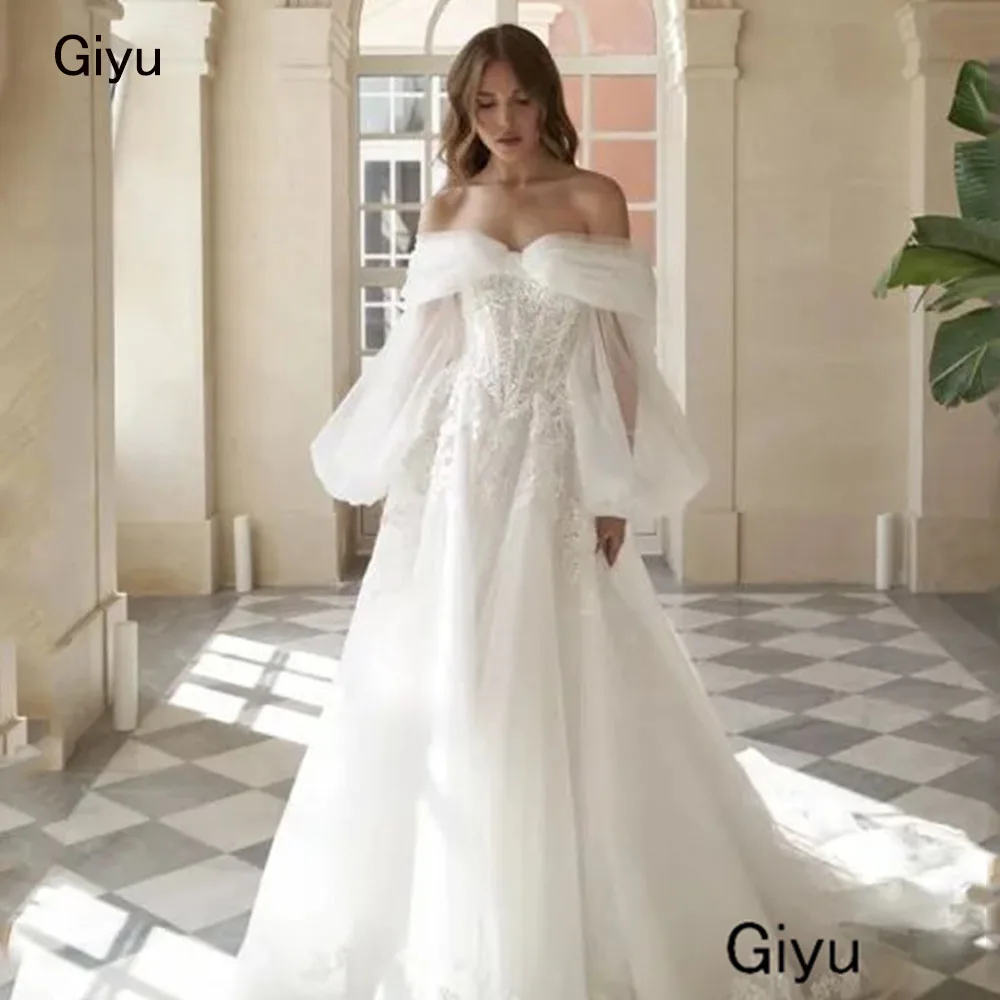 

Giyu Fairy Lace Followers Wedding Dress For Woman Strapless A-line Tulle Floor-length Vestidos Novias Boda Bridal Gown