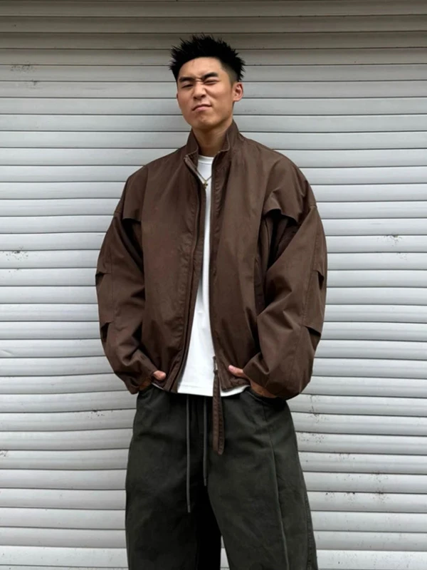 Loose Fit Men's Jacket Windbreaker Coat with Blade Sleeve Stand Collar American Style Polyester Nylon Composite Fiber Youth Wear