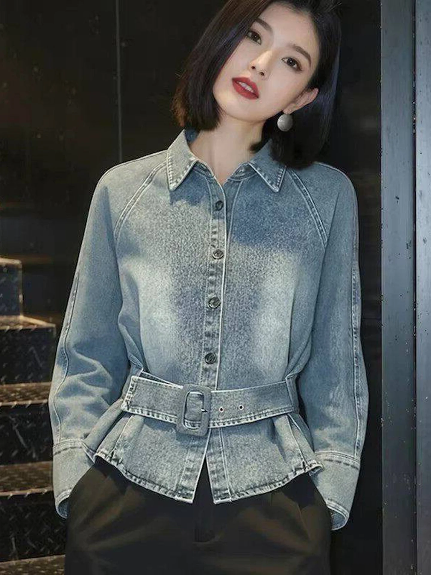 Retro Hong Kong Style Long Sleeve Denim Shirt Jacket Women's Loose Fitting Waist Cinching Slimming High End Feel Top