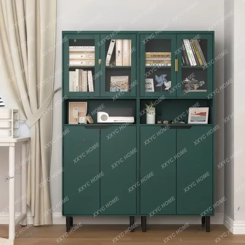 XXTall Tempered Glass Door Storage Bookcase with Adjustable Shelves, Door MDF Cabinet, Green Finish for Living Room/Breadroom
