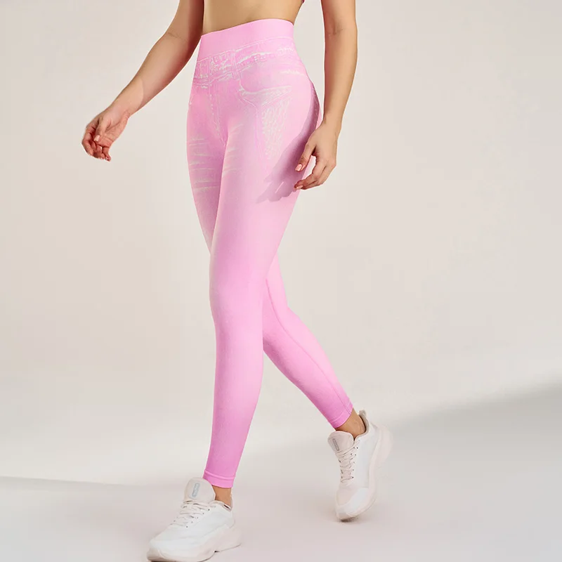 Women's Yoga Pants Tight Fitting Elastic Denim Style High Waist Slimming Ankle Length Butt Lifting Sports Fitness Trousers