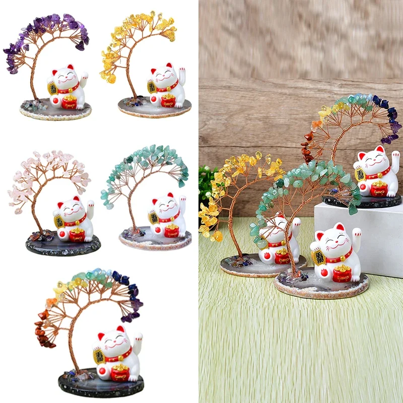 

Solar Energy Shake Hands Lucky Cat Base Fate Tree Office Home Natural Crystal Crushed Stone Life Tree Handwoven Weaving Decor