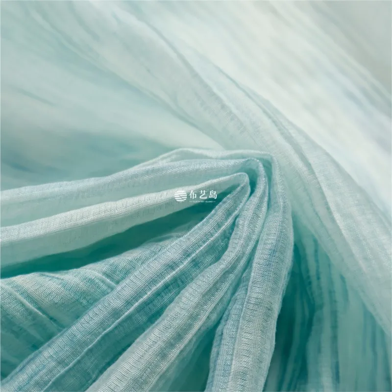 Skin-friendly semi-transparent light blue-purple irregular pleated tie-dyed vertical striped linen fabric