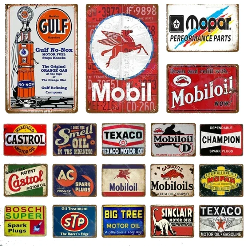 Vintage Gulf Mobil Texaco Castrol Mopar STP Motor Oil Gasoline Brand Metal Tin Signs Retro Gas Station Garage Rustic Iron Plaque Wall Decor for Auto Shop Man Cave Bar Home Wall Art Gift For Car & Motorcycle Enthusiasts