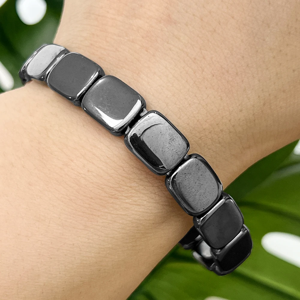 Teowaki Men Polished Rounded Square Black Hematite Elastic Bracelet Birthday Holiday Gift Daily Office Jewelry 18-19cm