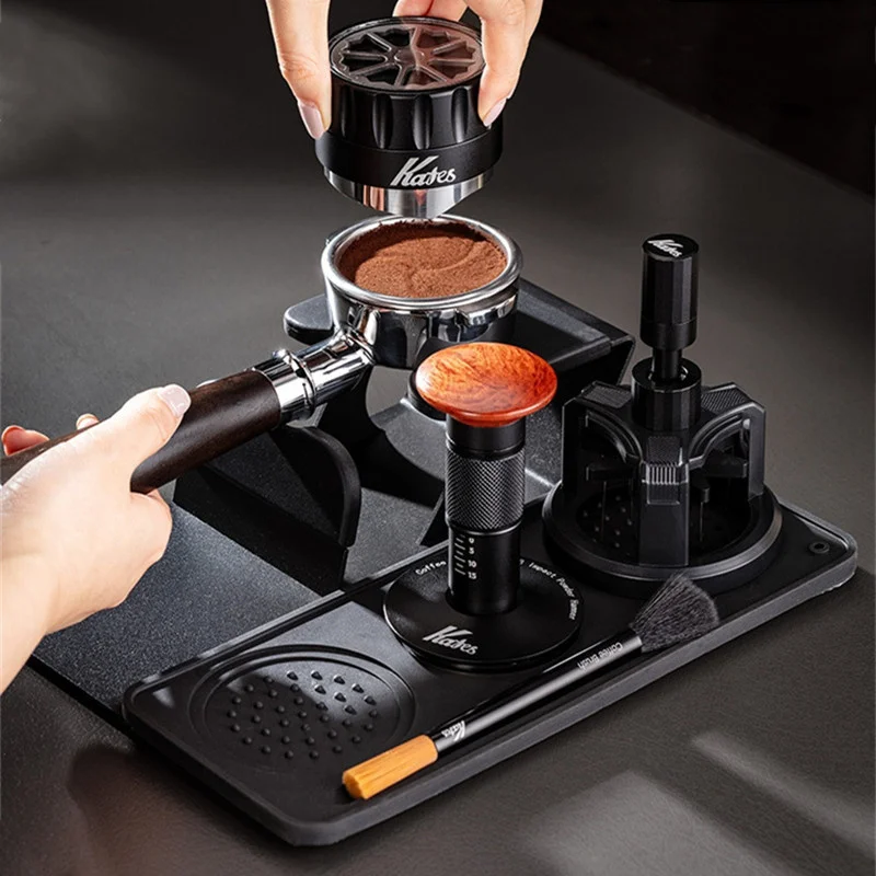 Portafilter Holder Tamping Base,Espresso Tamper Station Barista Tools,NEW Stainless Steel Coffee Tamper Holder with Silicone Mat