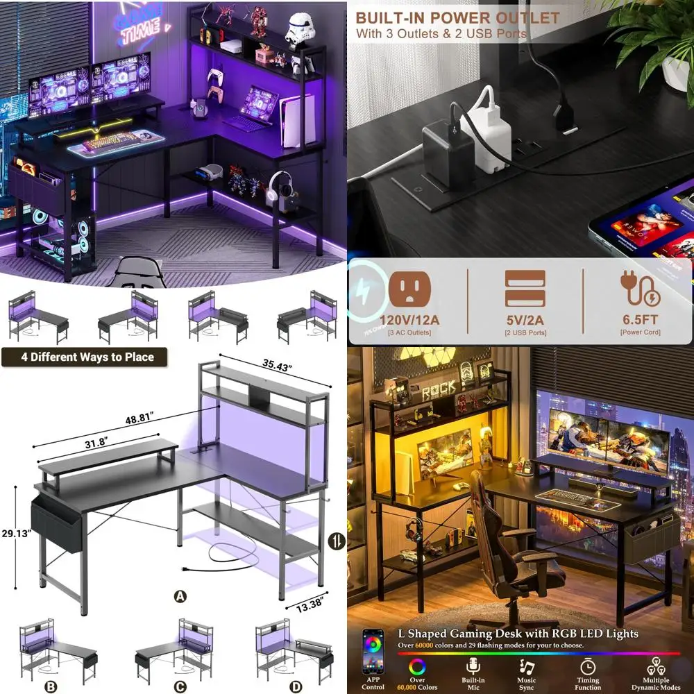 

Compact L-Shaped Gaming Desk with Integrated Power Outlets and LED Lighting, Ideal for Small Spaces with Monitor Stand