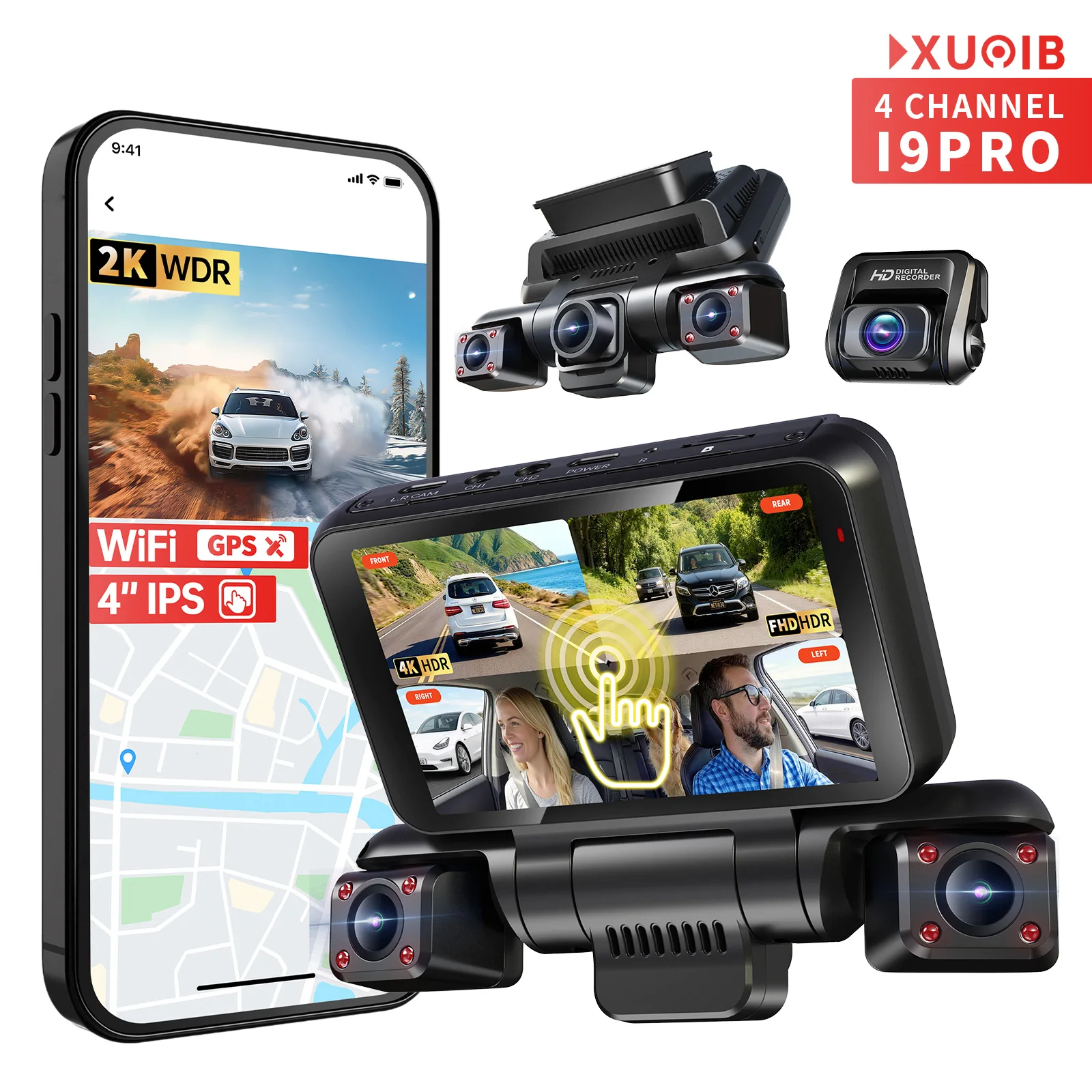 XUOIB i9pro 4CH Dash Cam 4K Frontal 360° Pantalla 4" WiFi GPS Visión Nocturna DVR Soporte Monitoreo 24H Estacionamiento&256G Max