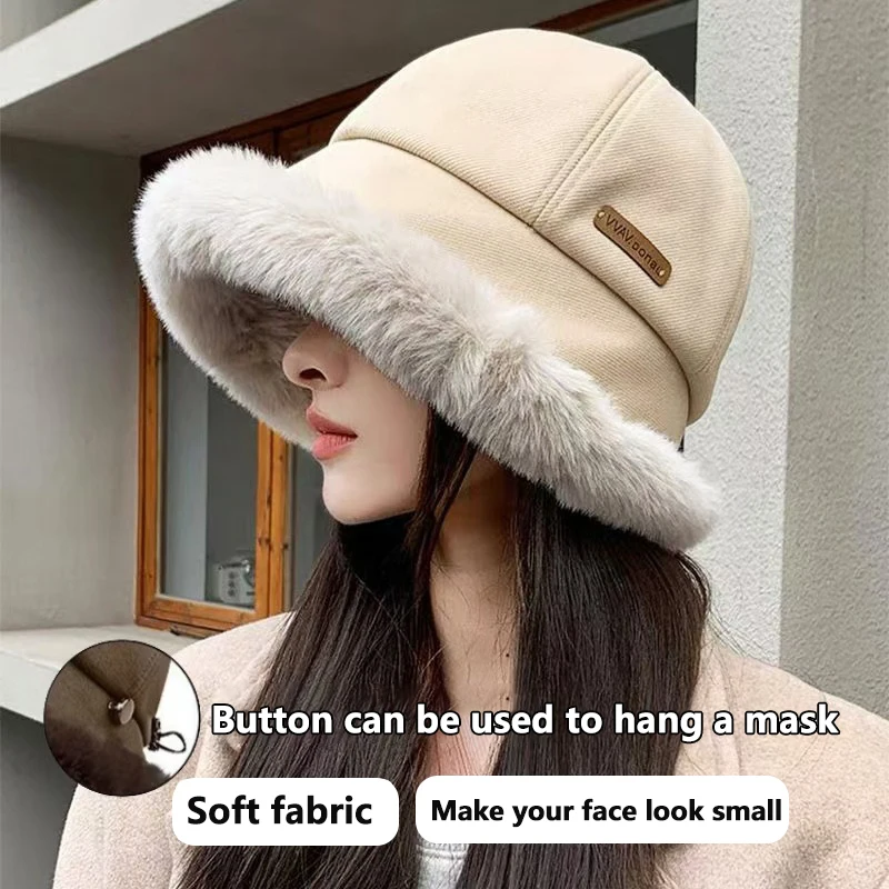 Winter Women Plush Fisherman Cap Thick Fluffy Fur Panama Basin Cap Solid Color Bucket Hat Windproof Female Warm Bonnet