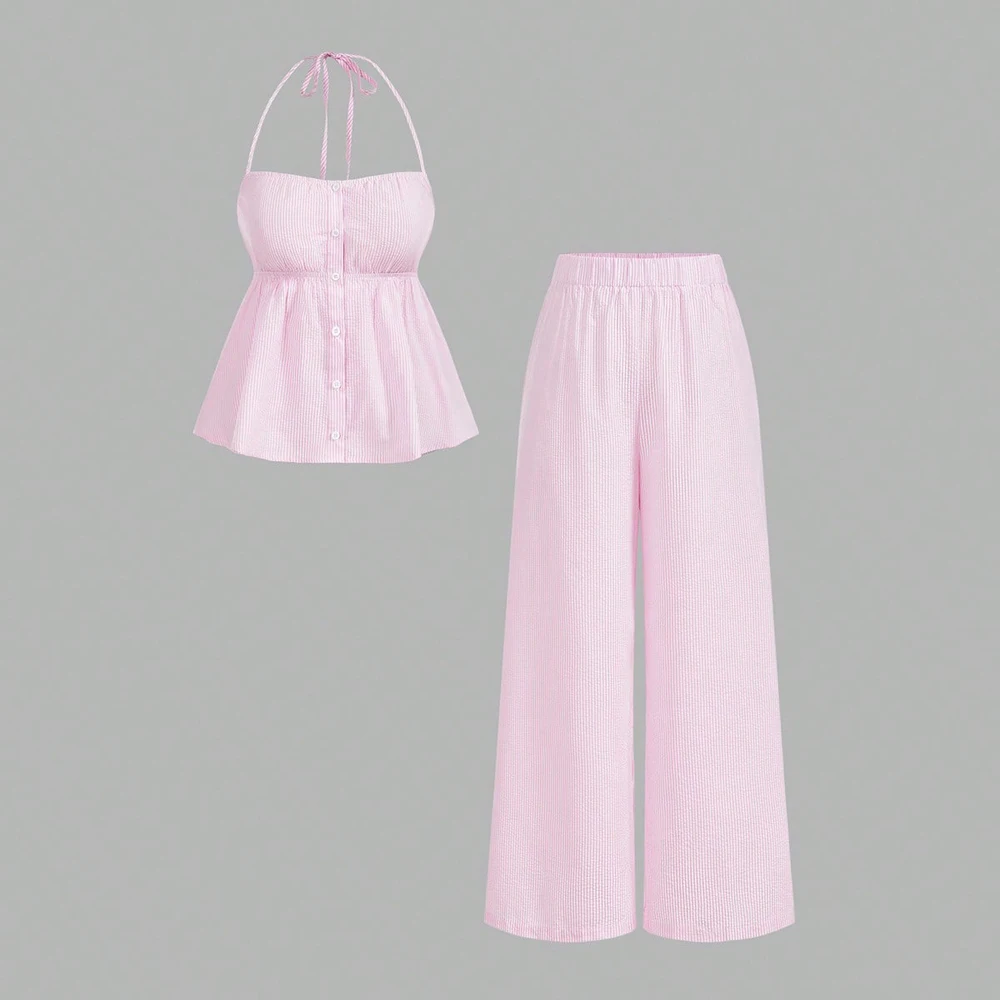 بلوزة نسائية بمقاس كبير على شكل مروحة عصرية ذات نسيج متجعد ومخطط ورقبة على شكل ربطة عنق وبنطلون فضفاض غير رسمي طقم مكون من قطعتين لـ