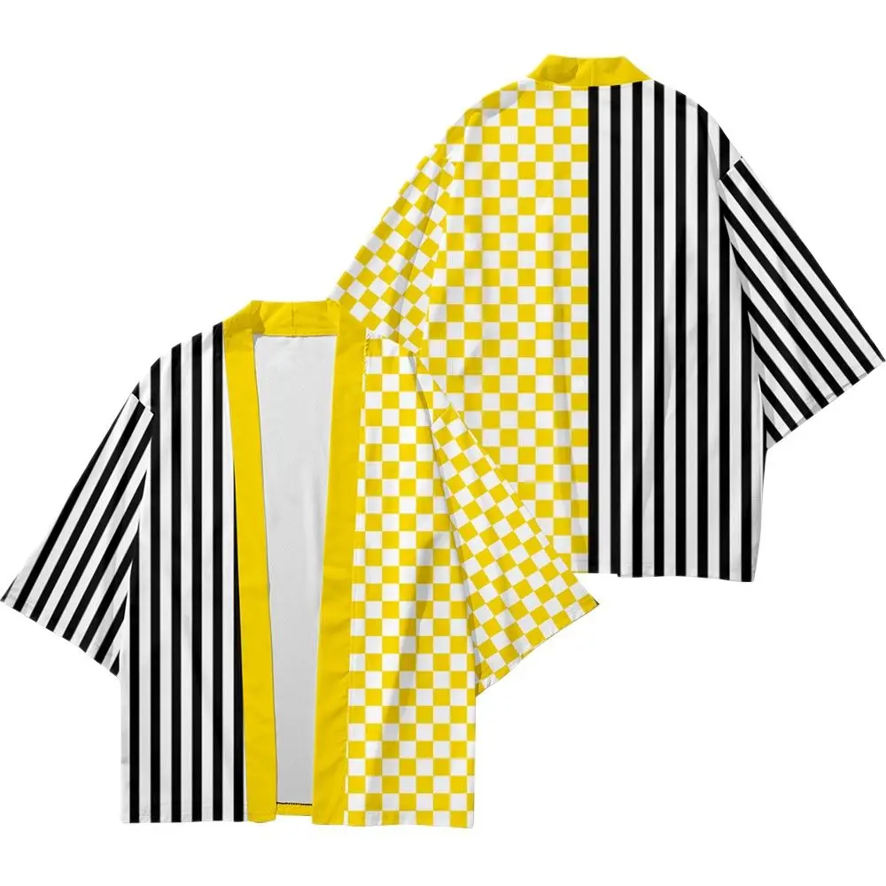 

Checkerboard Striped Splicing Loose Chinese Japanese Samurai Harajuku Kimono Cardigan Women Men Cosplay Yukata Tops Pants