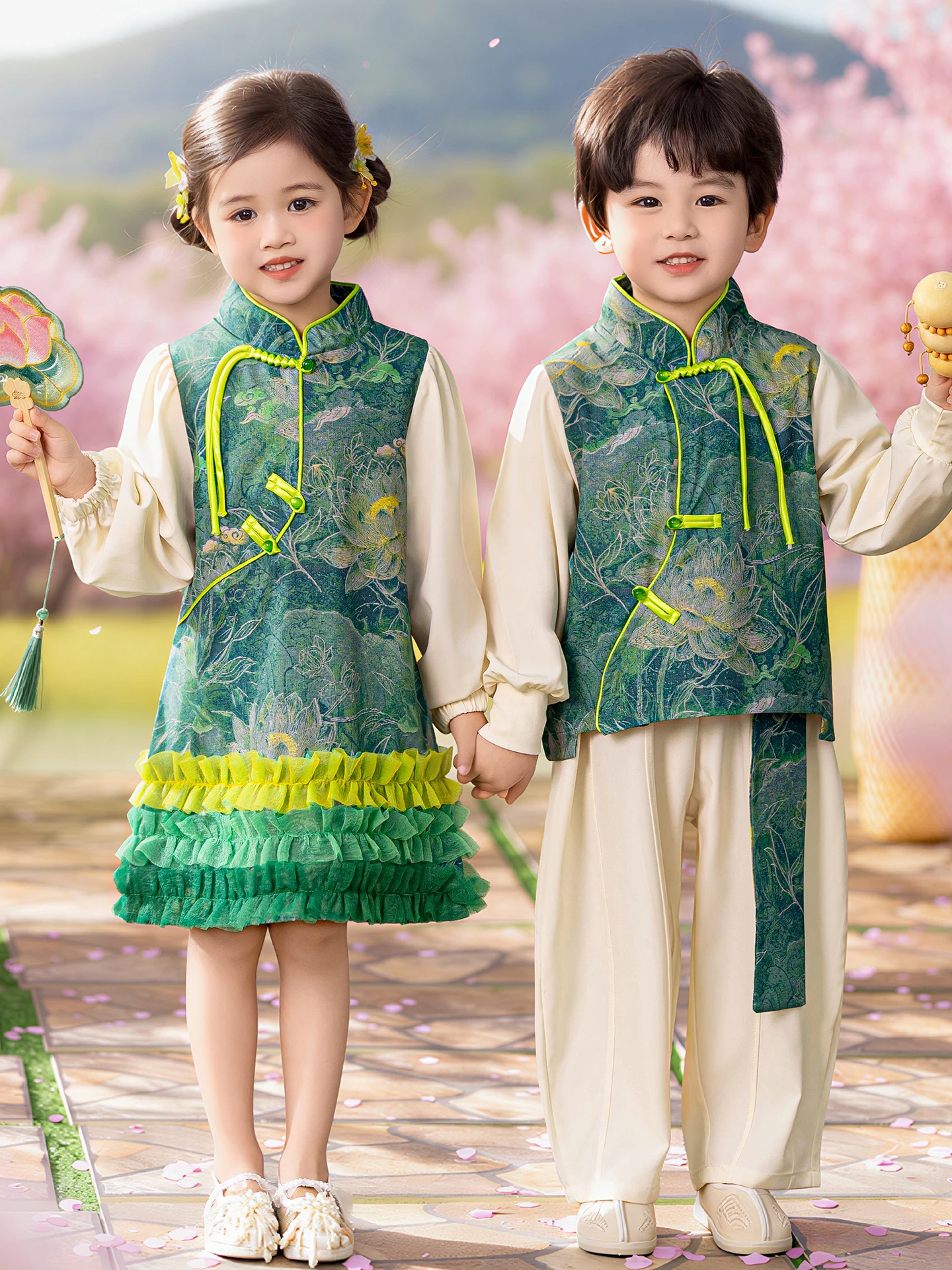 

Детский комплект костюмов Ханьфу, весенне-летняя одежда для выступлений, костюм Тан для брата и сестры, традиционная китайская одежда для мальчиков и девочек