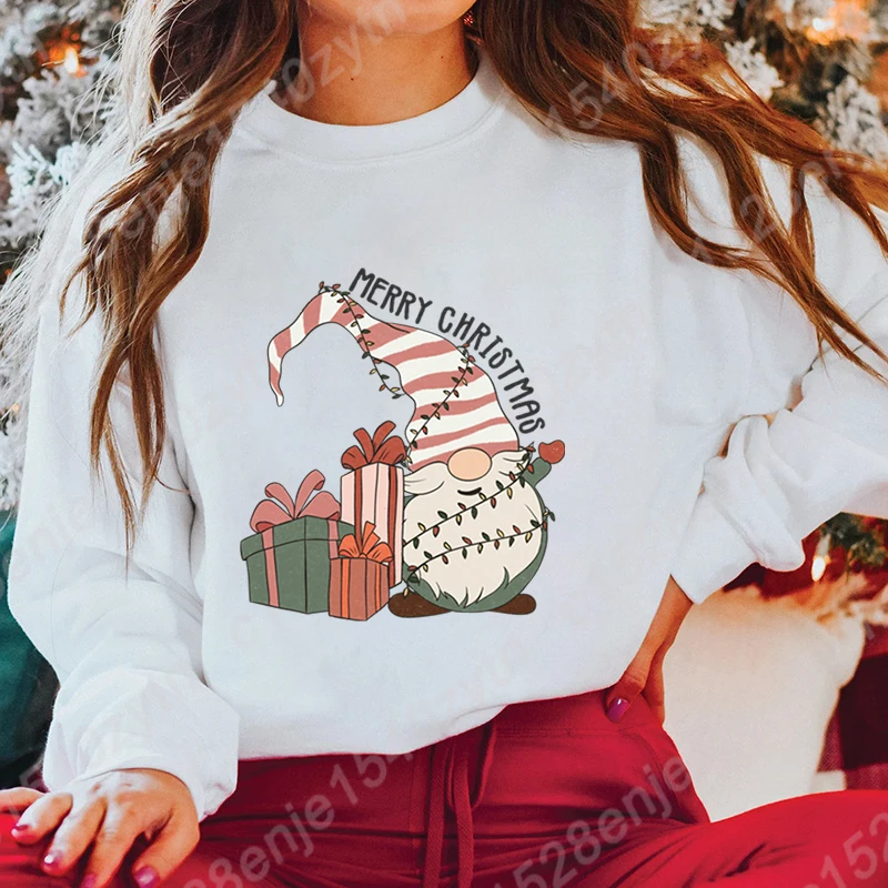 Christmas Light Gnome Merry Christmas Print Pullovers Round Neck Tops Women Hoodless Sweatshirts Long-sleeved Autumn Sweatshirts