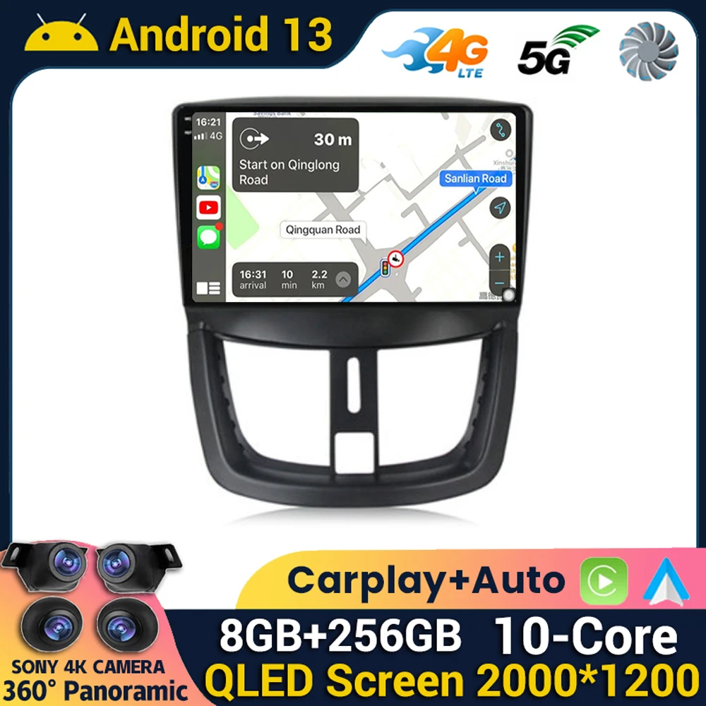 

Автомобильный радиоприемник Carplay, Android 13, Wi-Fi + 4G для Peugeot 207 CC 207CC 2006 2007 2008 2009 2010-2015, мультимедийный стерео видеоплеер