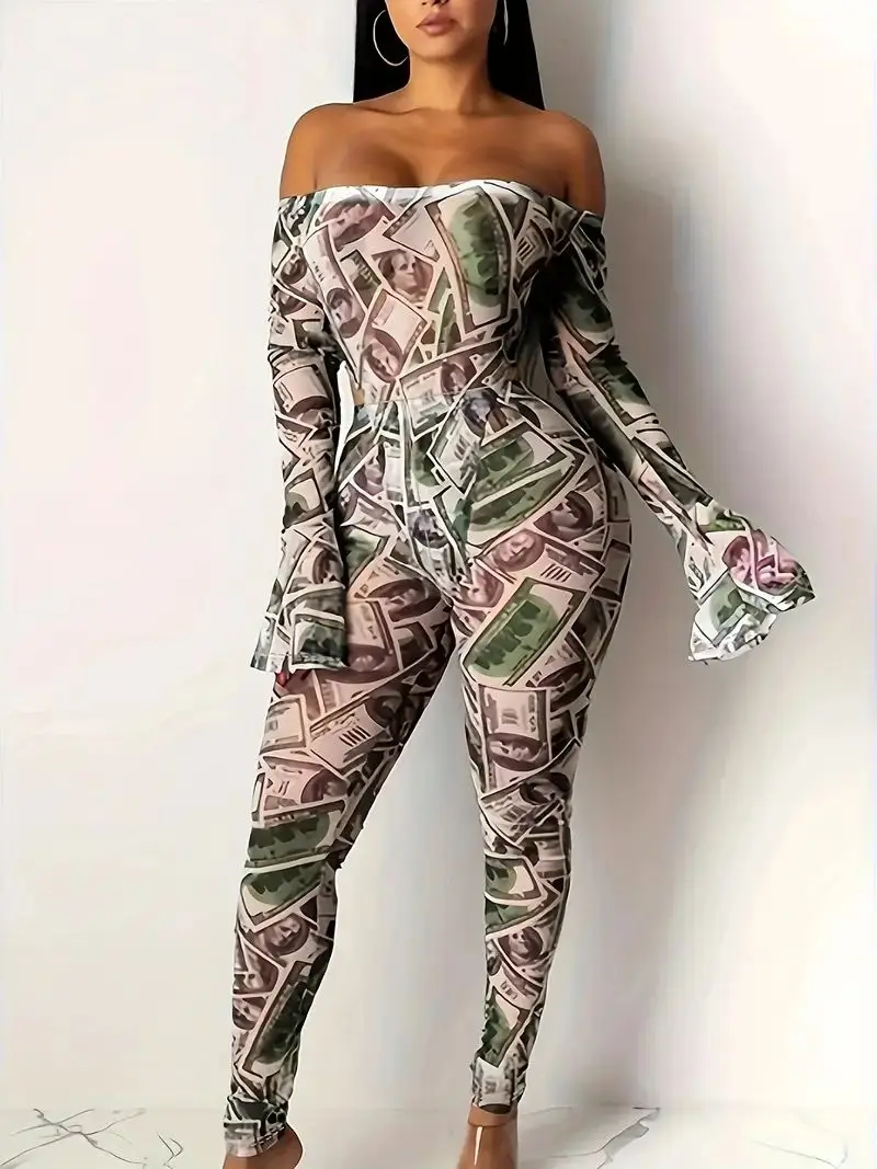 Dollar Print Off-the-Shoulder Romper Casual Split Long Sleeve Tight-Fitting Romper Women's Wear