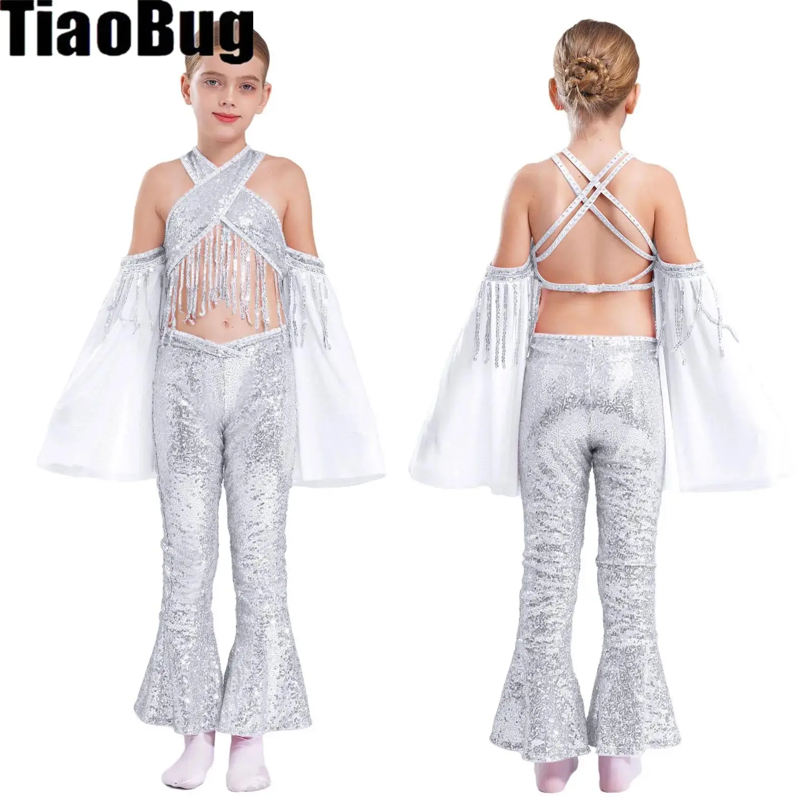 

Kids Girls Sequin Jazz Dance Outfit Tassels Cross Crop Top with V-Front Waistline Rhinestone Adorned Zipper Flared Hem Pants