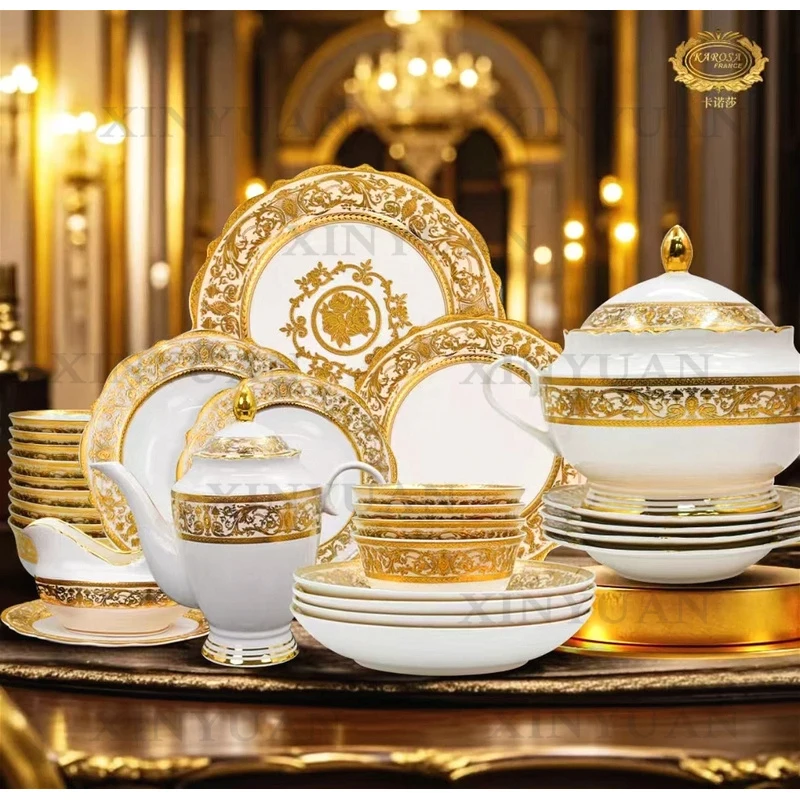 Dinnerware Set, 134 Pieces Gold Decorated Bone China Tableware Containing Plates, Bowls, Tea and Coffee Cups