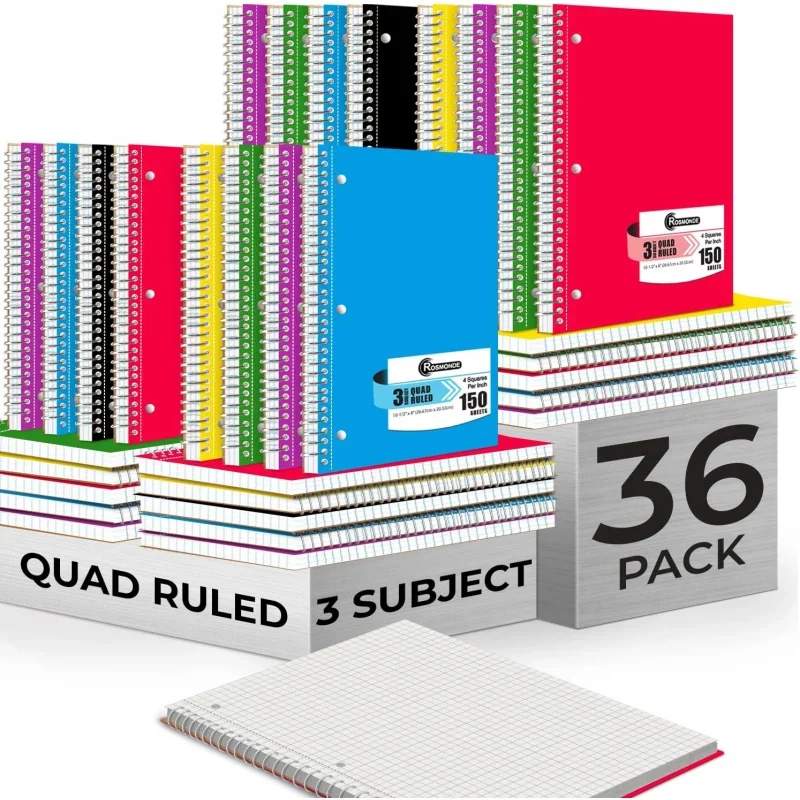 6, 3 Subject Notebooks Graph Ruled, 300 Pages (150 Sheets), 8 x 10-1/2, Grid Notebook Bulk, Quad Note