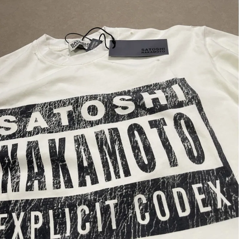 Real Photo Satoshi Tshirts Vintage Worn Out Crack Letter Print White Washed Damaged Round Neck Short Sleeve Summer Men Women Tee