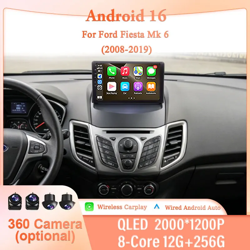 9-Zoll Android 16 für Ford Fiesta Mk 6 2008-2019 Auto-Multimediaplayer Kabelloses CarPlay GPS-Navigation BT Split-Screen QLED Touchscreen