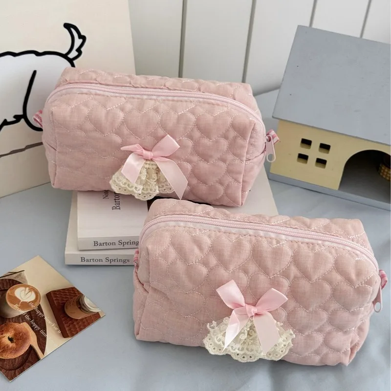 

Cute Pink Plaid Makeup Bag for Student Girl Large Capacity Sweet Girly Cosmetic Organizer Ins Style Travel Storage Pouch New