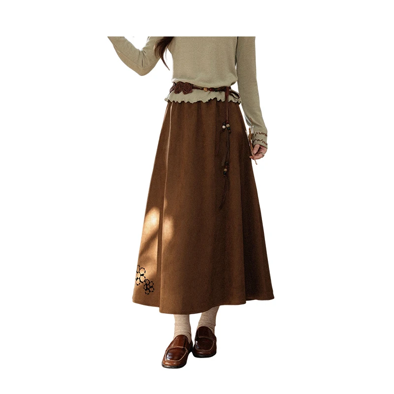 ALXNAN レディース カーキ スエード フリース スカート 2025 エレガント 秋 Aライン プリーツ 刺繍入り ミドル丈 カジュアル スカート L57717