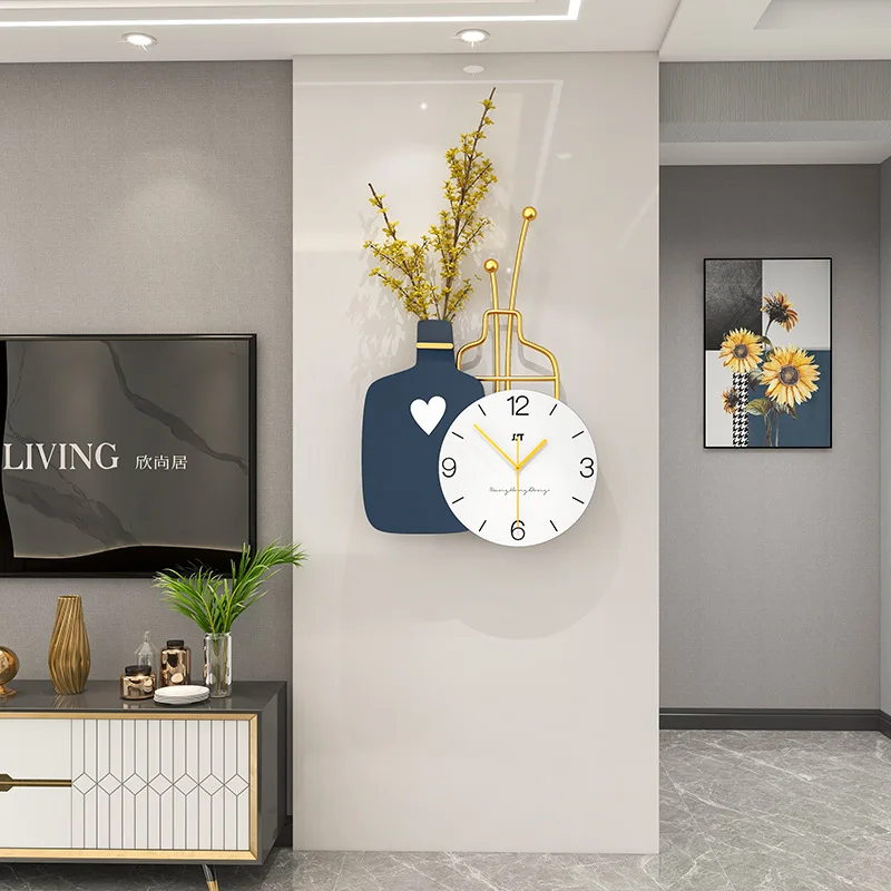 

Iron Art Creative Living Room Decorative Silent Sweeping Wall Clock Ornamental Arrange Flowers Vase High Density Dial Plate