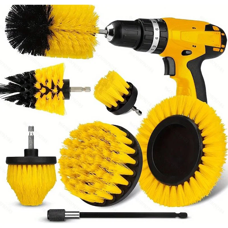 

7-Piece Drill Brush Attachment Set Cleaning Brush Tool Kit Multi-Purpose Drill Brush with Extension Pole for Floor Automotive