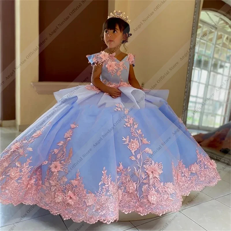 Angel Novias Customized Blue Flower Girl Dress Wedding Party Princess Ball Gown Appliques Kids Birthday First Communion Dress