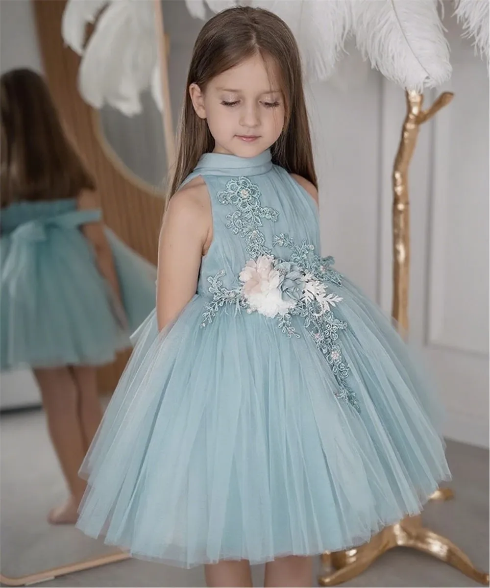 

Elegant Customized Girl Dress Appliques Flower High Neck Sleeveless Flower Girl Dress for Wedding Birthday Birthday Party Dress