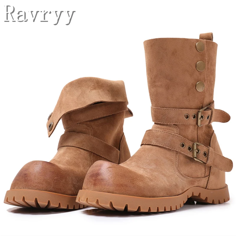 

Brown Cow Suede Leather Women Ankle Boots Winter New Fashion Big Toe Belt Buckle Low Heels Folding Two On Motorcycle Boots