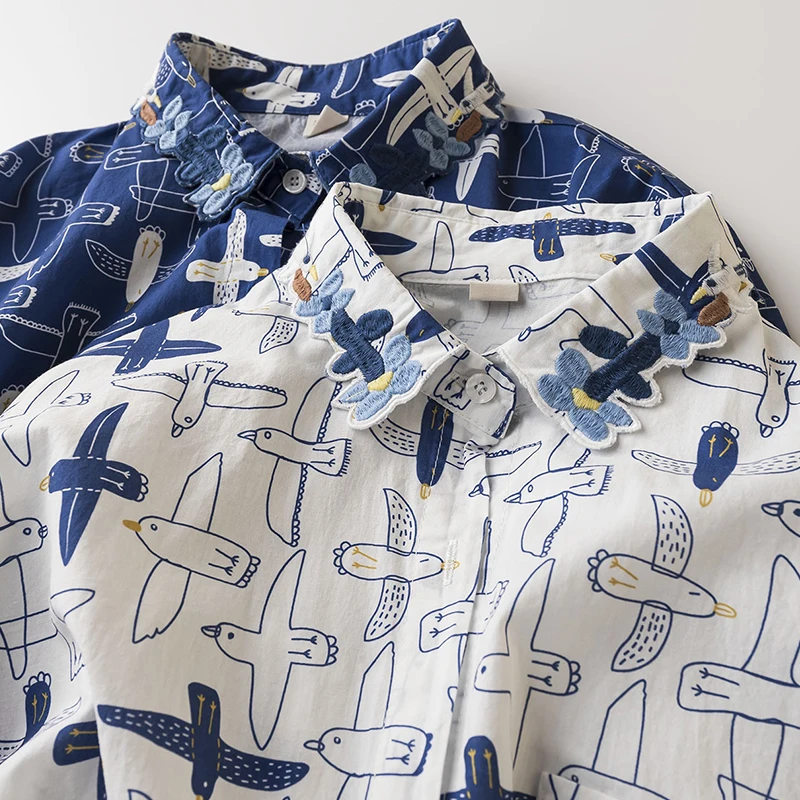 

Autumn Mori Girl Sweet Cartoon Printed Loose Patchwork Shirt Women Clothing Turn Down Collar Long Sleeved Base Blouse Tops U220