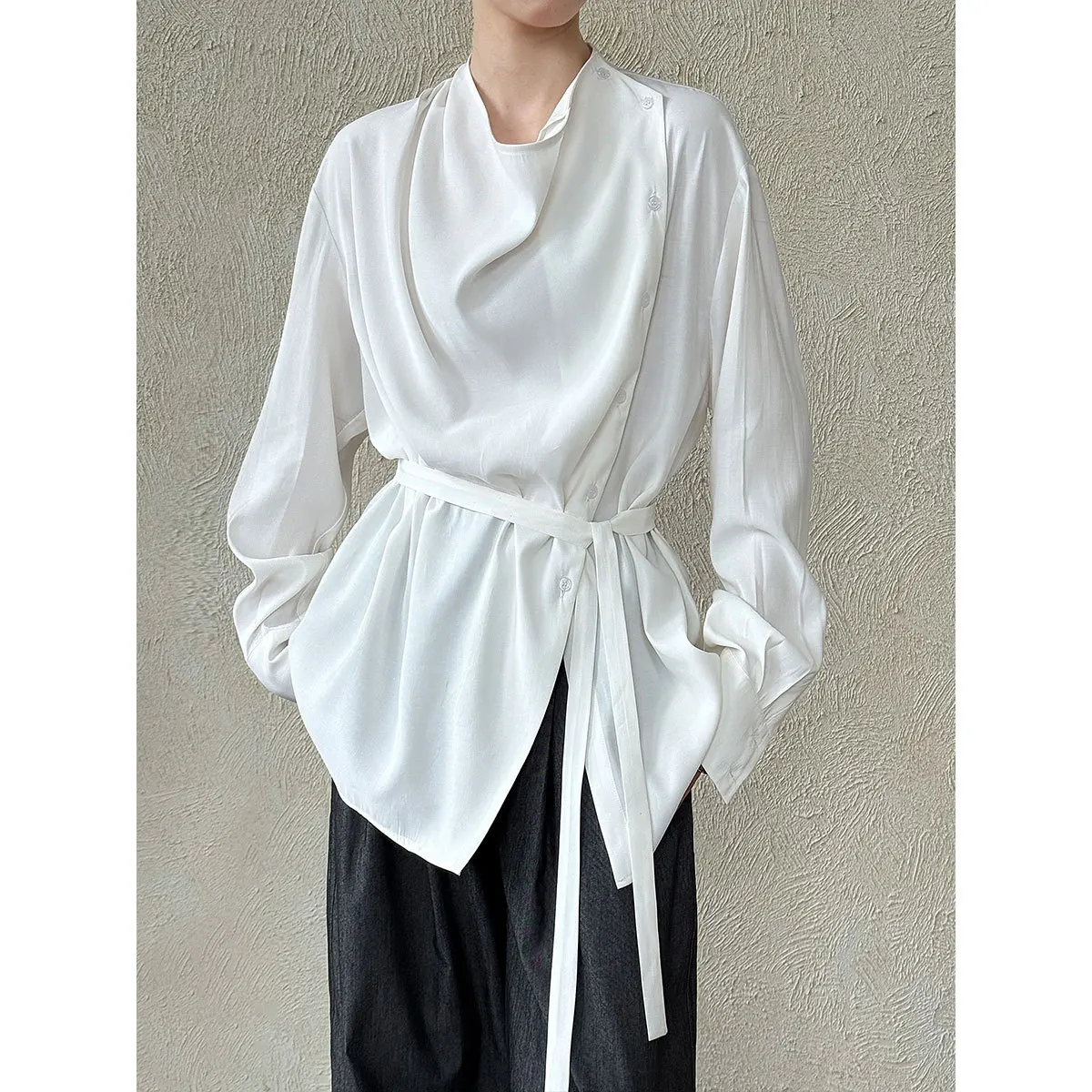 

Korean Niche Swinging Collar Strap Waist Shirt Women's Autumn New Temperament Design Shirt