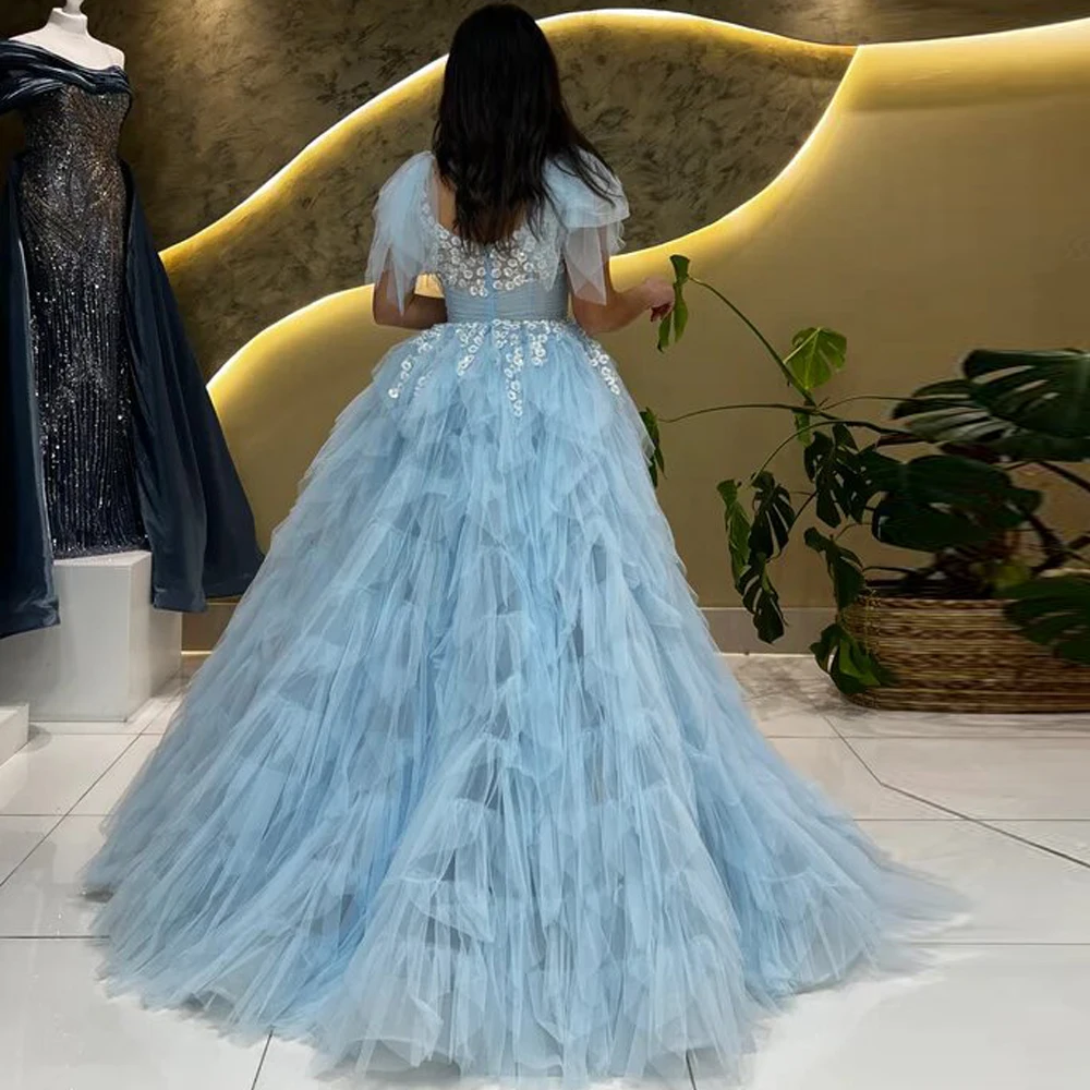 Customized Sky Ble Ruffles Evening Dress Beading Cap Sleeve Ball Gown Prom Gown Multi-layer Tulle Formal Dresses