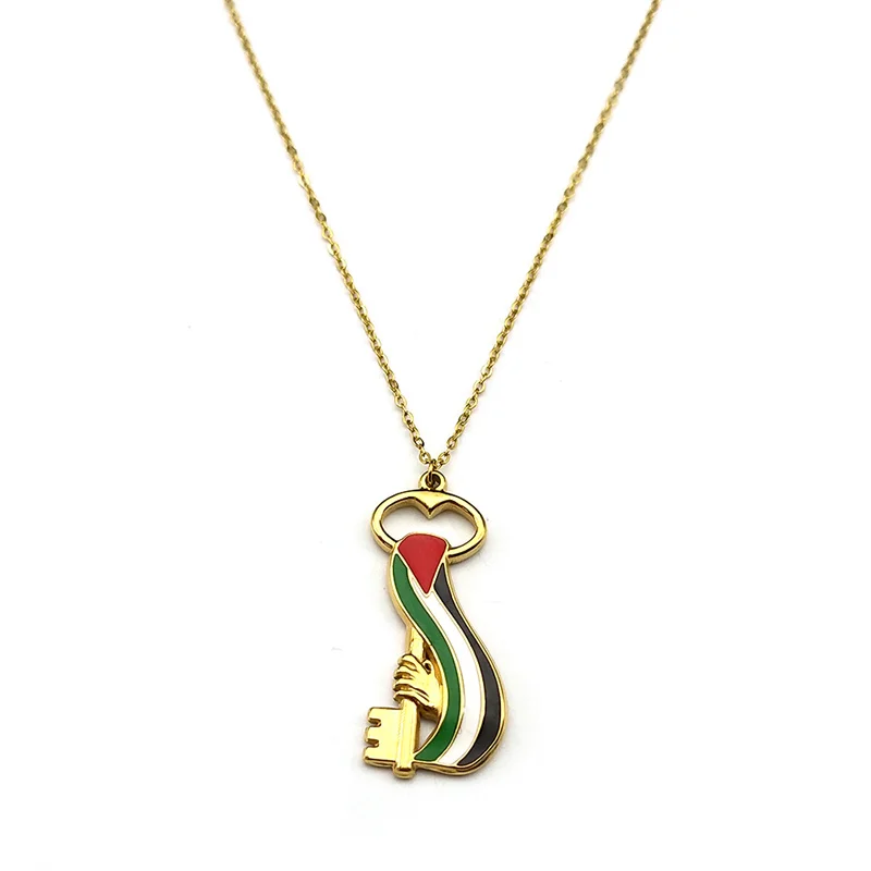Arabic Palestine Map Flag Key Hand Necklace for Women Men Stainless Steel Enamal Gold Color Chain Jewelry Accessories collar