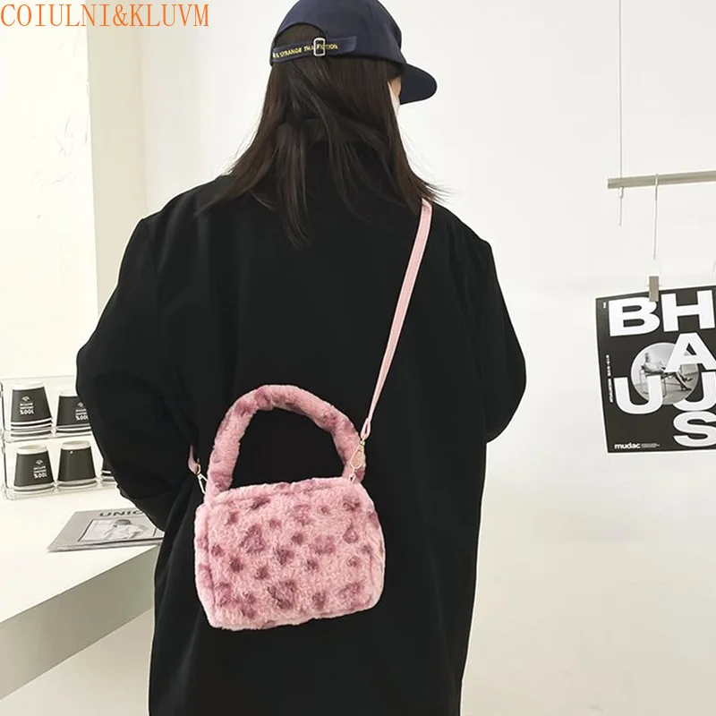 【COIULNI&KLUVM】new plush bag high-end pink leopard print fluffy handbag female cute fashion portable messenger bag