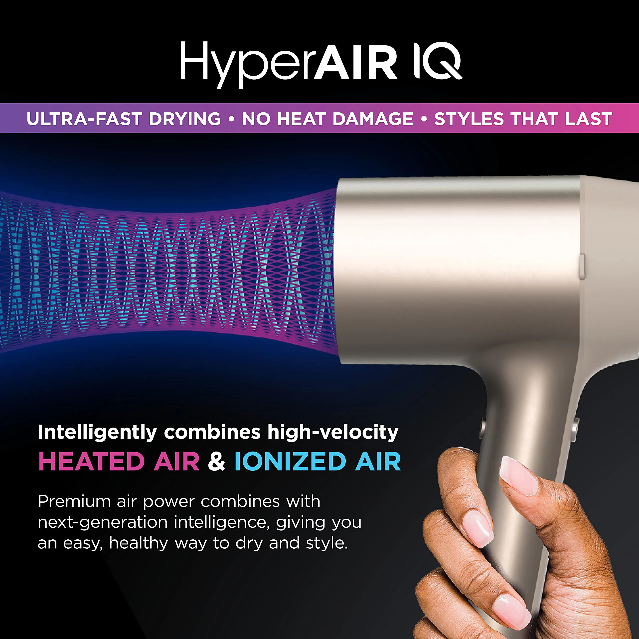 HyperAIR Fast-Drying Hair Blow Dryer With IQ 2-In-1 Concentrator And Styling Attachments